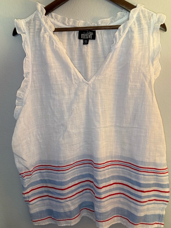 Feeling Festive Tops - White V-Neck Sleeveless Blouse with Red & Blue Stripe Hem